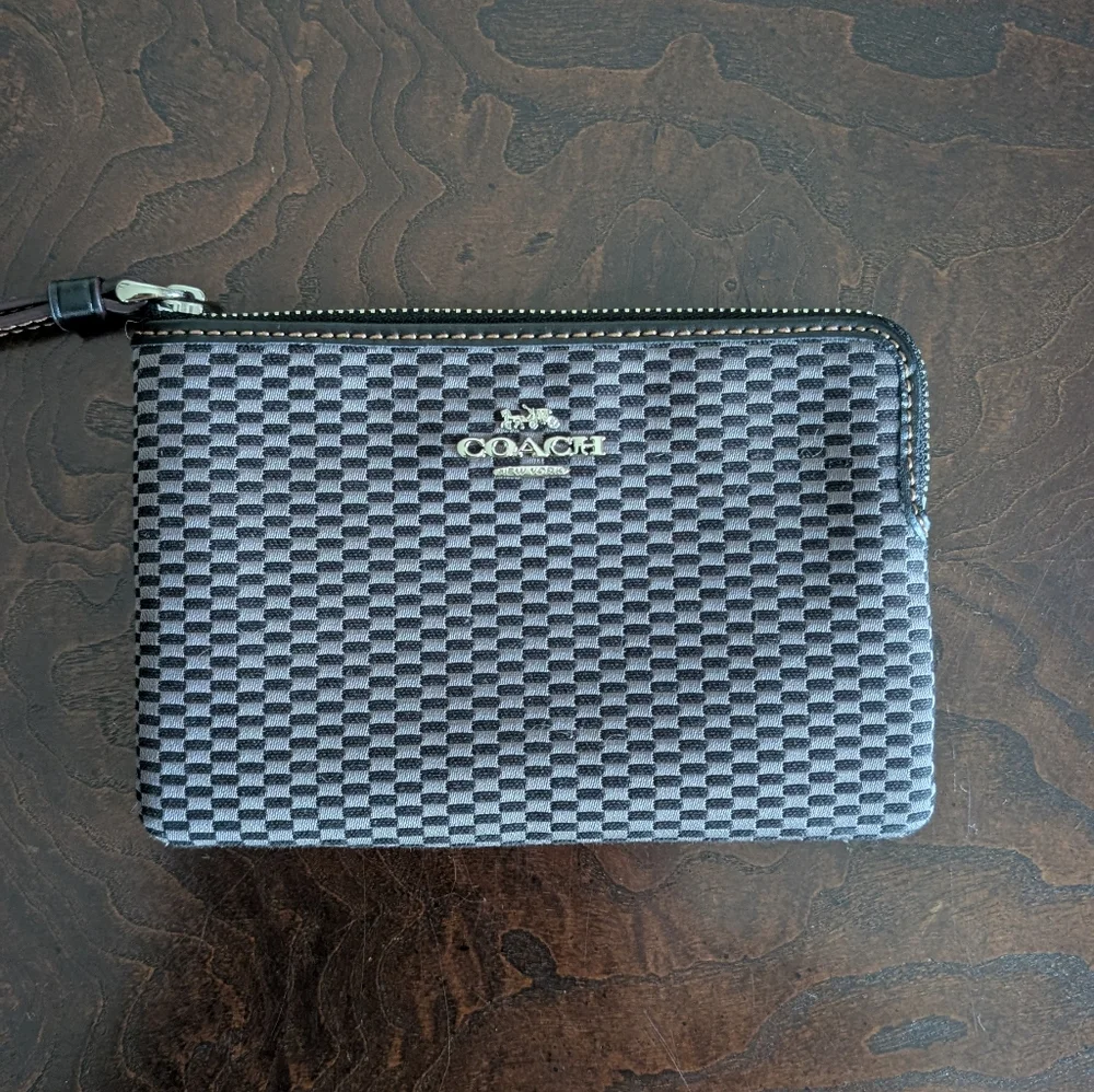 Coach Legacy Jacquard Wristlet Black and  Gray Checked Leather Strap
